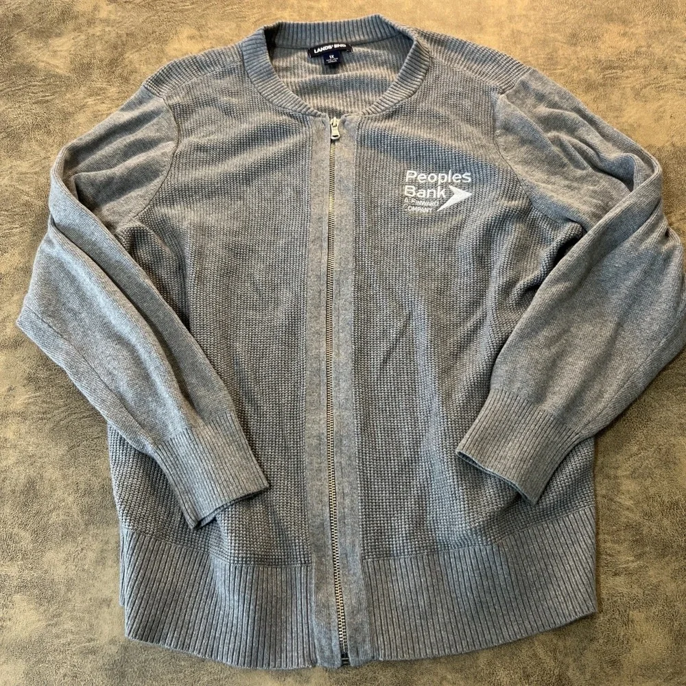 Lands End x Peoples Bank Sweater Women's 1X Gray Full Zip Waffle‎ Knit Cardigan